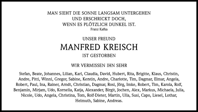  Traueranzeige für Manfred Kreisch vom 05.12.2015 aus Kölner Stadt-Anzeiger / Kölnische Rundschau / Express