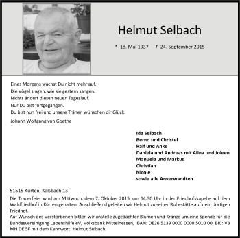 Anzeige von Helmut Selbach von Kölner Stadt-Anzeiger / Kölnische Rundschau / Express