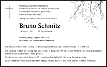 Anzeige von Bruno Schmitz von Kölner Stadt-Anzeiger / Kölnische Rundschau / Express