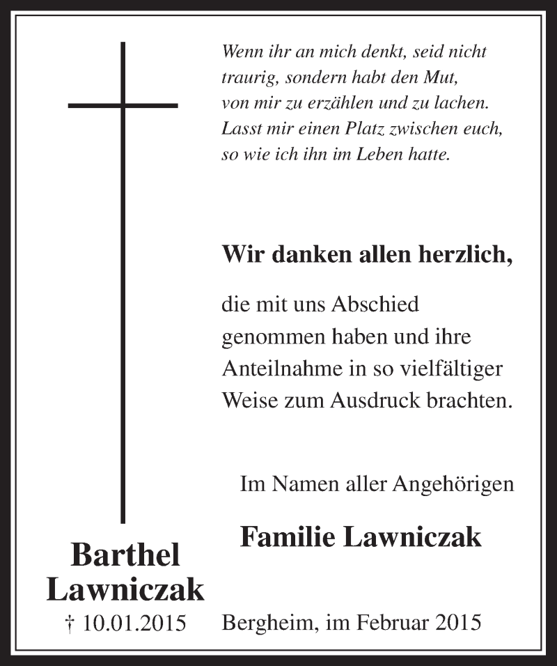  Traueranzeige für Barthel Lawniczak vom 11.02.2015 aus  Werbepost 