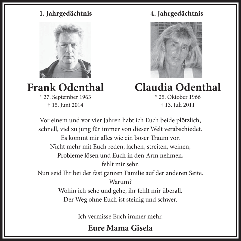  Traueranzeige für Frank Odenthal vom 18.07.2015 aus  Sonntags-Post 