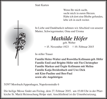 Anzeige von Mathilde Höfer von  Lokalanzeiger 