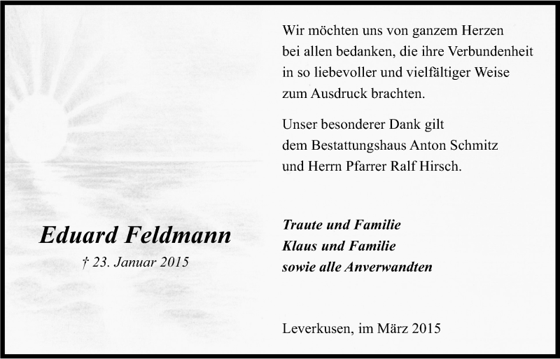  Traueranzeige für Eduard Feldmann vom 07.03.2015 aus Kölner Stadt-Anzeiger / Kölnische Rundschau / Express