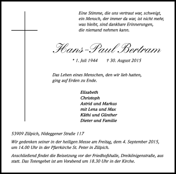 Anzeige von Hans-Paul Bertram von Kölner Stadt-Anzeiger / Kölnische Rundschau / Express