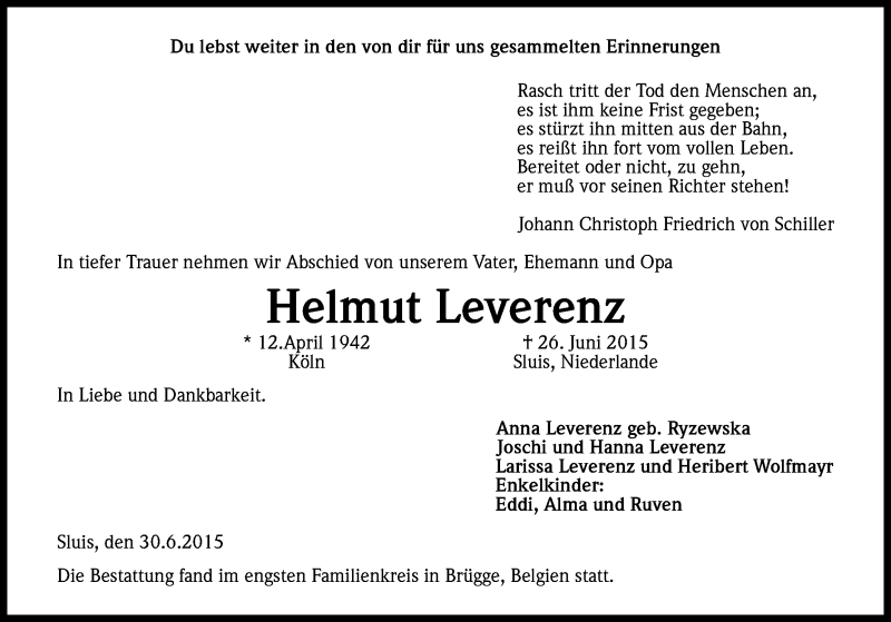  Traueranzeige für Helmut Leverenz vom 03.07.2015 aus Kölner Stadt-Anzeiger / Kölnische Rundschau / Express