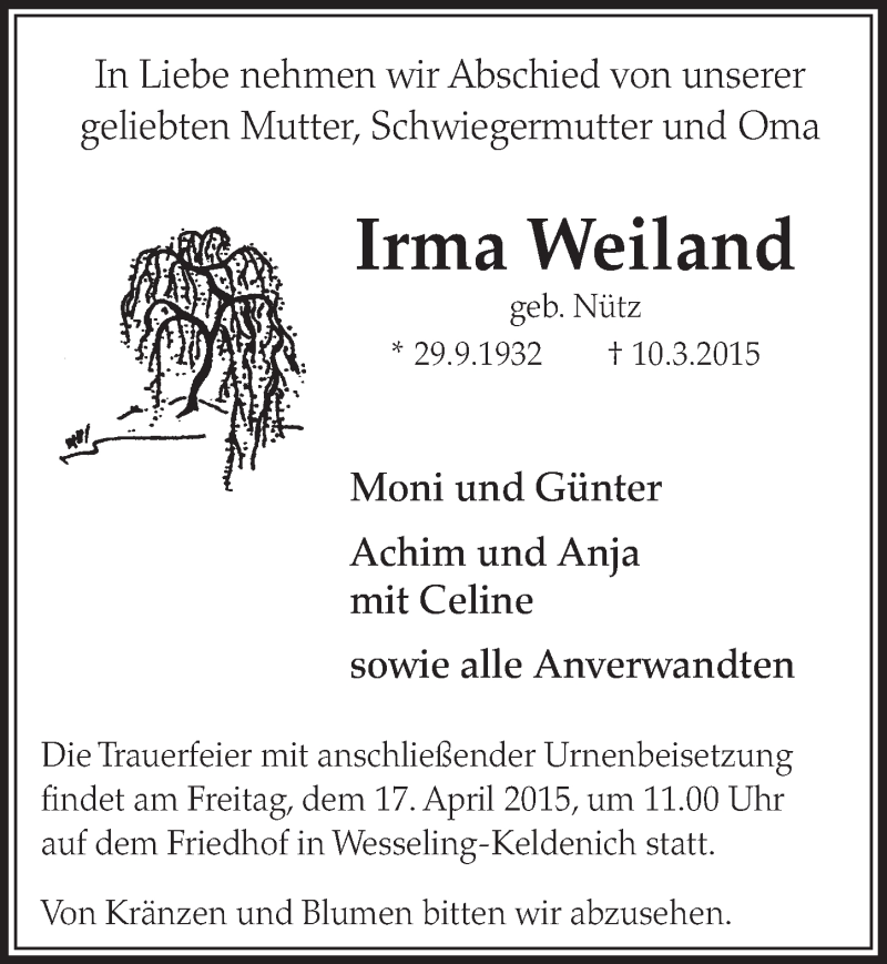  Traueranzeige für Irma Weiland vom 15.04.2015 aus  Schlossbote/Werbekurier 