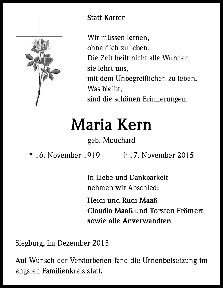  Traueranzeige für Maria Kern vom 05.12.2015 aus Kölner Stadt-Anzeiger / Kölnische Rundschau / Express