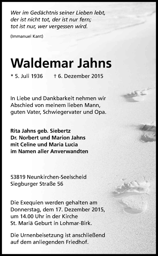  Traueranzeige für Waldemar Jahns vom 09.12.2015 aus Kölner Stadt-Anzeiger / Kölnische Rundschau / Express
