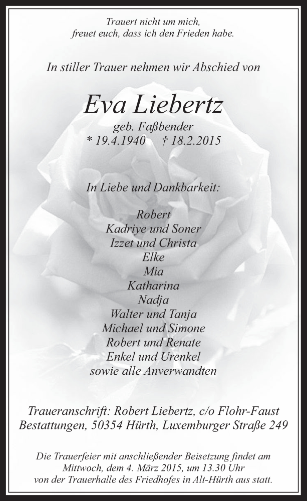 Traueranzeige für Eva Liebertz vom 25.02.2015 aus  Wochenende 