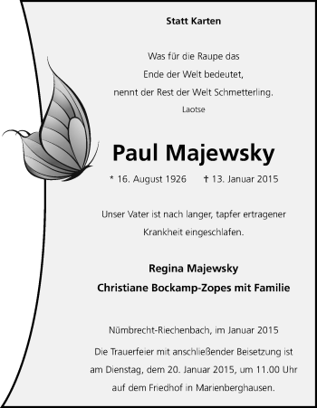 Anzeige von Paul Majewsky von Kölner Stadt-Anzeiger / Kölnische Rundschau / Express