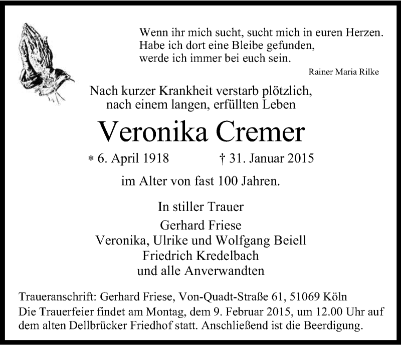  Traueranzeige für Veronika Cremer vom 05.02.2015 aus Kölner Stadt-Anzeiger / Kölnische Rundschau / Express