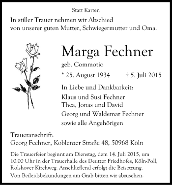 Anzeige von Marga Fechner von Kölner Stadt-Anzeiger / Kölnische Rundschau / Express