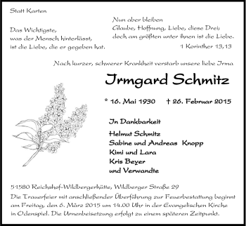 Anzeige von Irmgard Schmitz von Kölner Stadt-Anzeiger / Kölnische Rundschau / Express