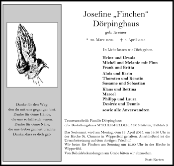 Anzeige von Josefine Dörpinghaus von Kölner Stadt-Anzeiger / Kölnische Rundschau / Express