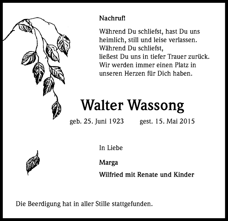  Traueranzeige für Walter Wassong vom 30.05.2015 aus Kölner Stadt-Anzeiger / Kölnische Rundschau / Express