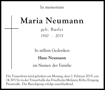 Anzeige von Maria Neumann von Kölner Stadt-Anzeiger / Kölnische Rundschau / Express
