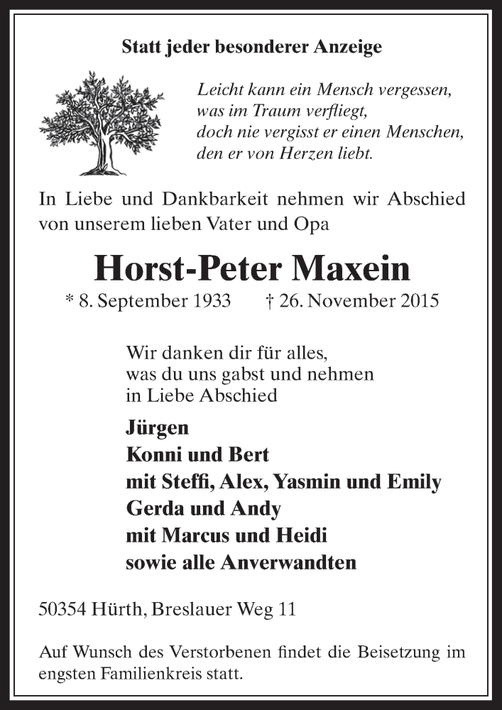  Traueranzeige für Horst-Peter Maxein vom 02.12.2015 aus  Wochenende 