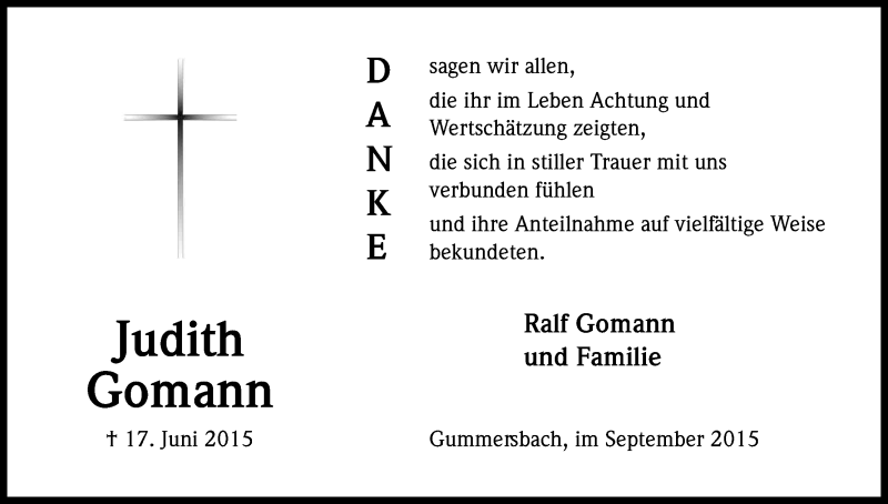  Traueranzeige für Judith Gomann vom 02.09.2015 aus Kölner Stadt-Anzeiger / Kölnische Rundschau / Express