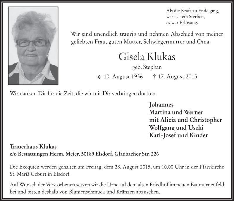  Traueranzeige für Gisela Klukas vom 26.08.2015 aus  Werbepost 