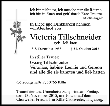 Anzeige von Victoria Tillschneider von Kölner Stadt-Anzeiger / Kölnische Rundschau / Express
