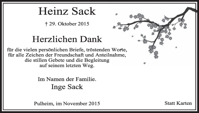  Traueranzeige für Heinz Sack vom 28.11.2015 aus  Sonntags-Post 