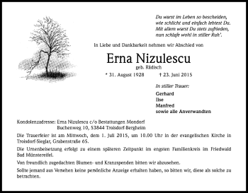 Anzeige von Erna Nizulescu von Kölner Stadt-Anzeiger / Kölnische Rundschau / Express