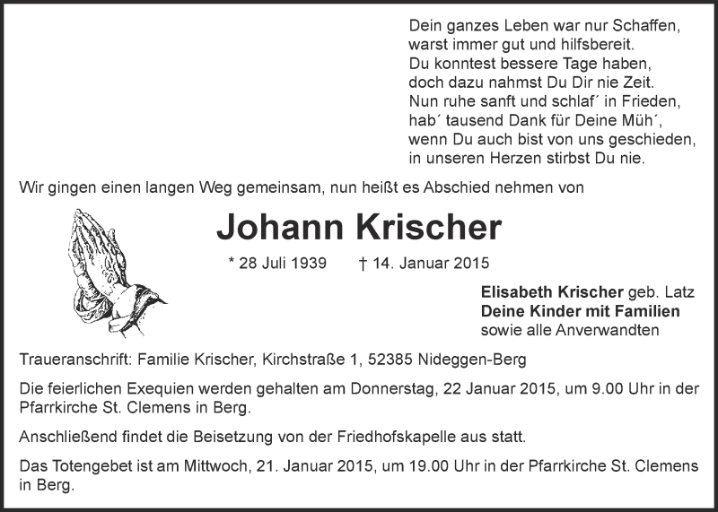  Traueranzeige für Johann Krischer vom 18.01.2015 aus  Blickpunkt Euskirchen 