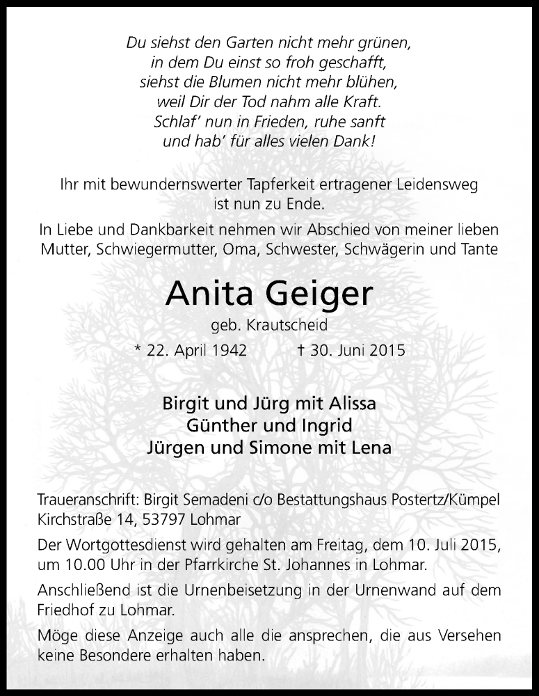  Traueranzeige für Anita Geiger vom 04.07.2015 aus Kölner Stadt-Anzeiger / Kölnische Rundschau / Express