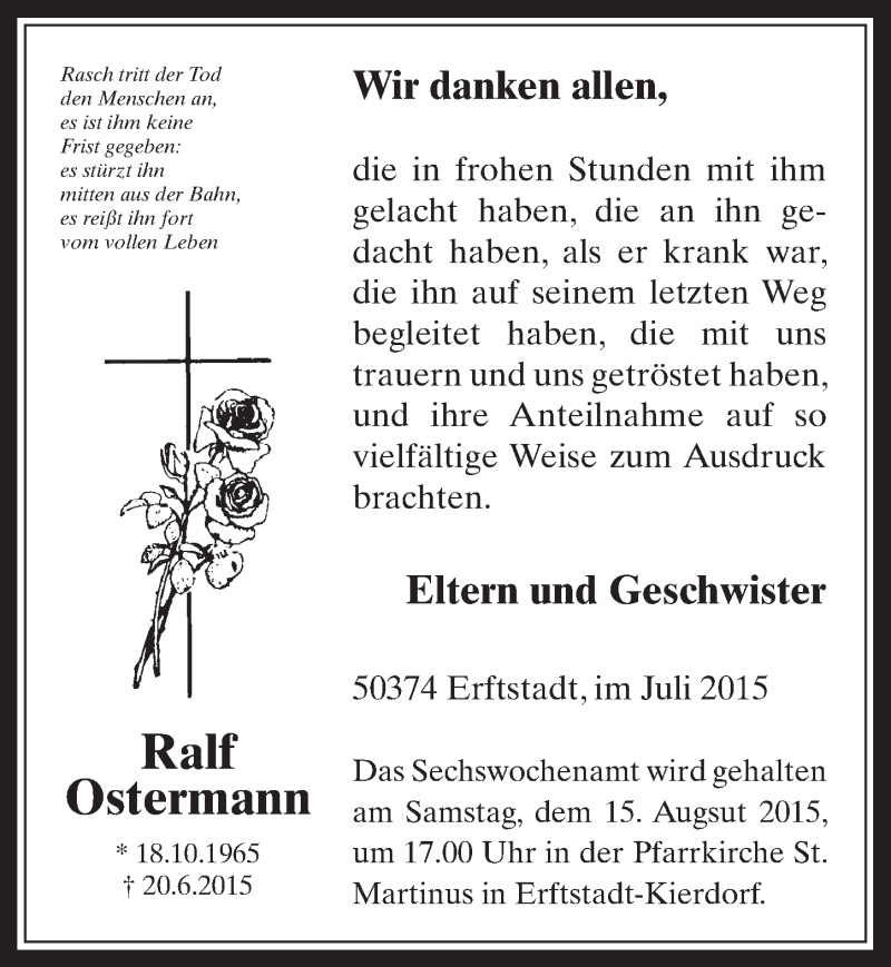  Traueranzeige für Ralf Ostermann vom 05.08.2015 aus  Werbepost 