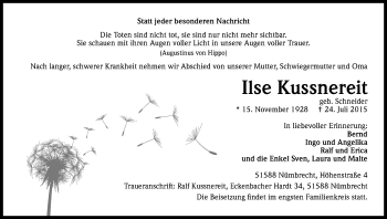 Anzeige von Ilse Kussnereit von Kölner Stadt-Anzeiger / Kölnische Rundschau / Express