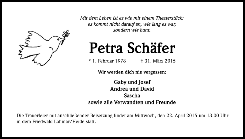  Traueranzeige für Petra Schäfer vom 18.04.2015 aus Kölner Stadt-Anzeiger / Kölnische Rundschau / Express