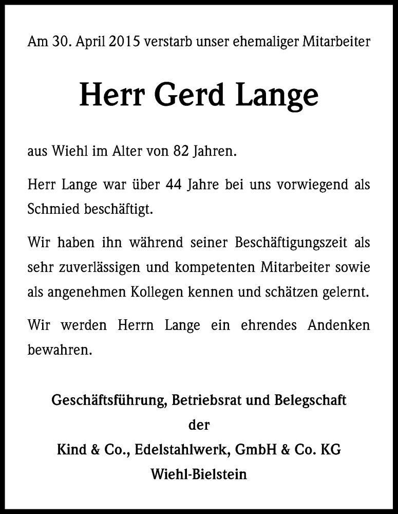  Traueranzeige für Gerd Lange vom 07.05.2015 aus Kölner Stadt-Anzeiger / Kölnische Rundschau / Express