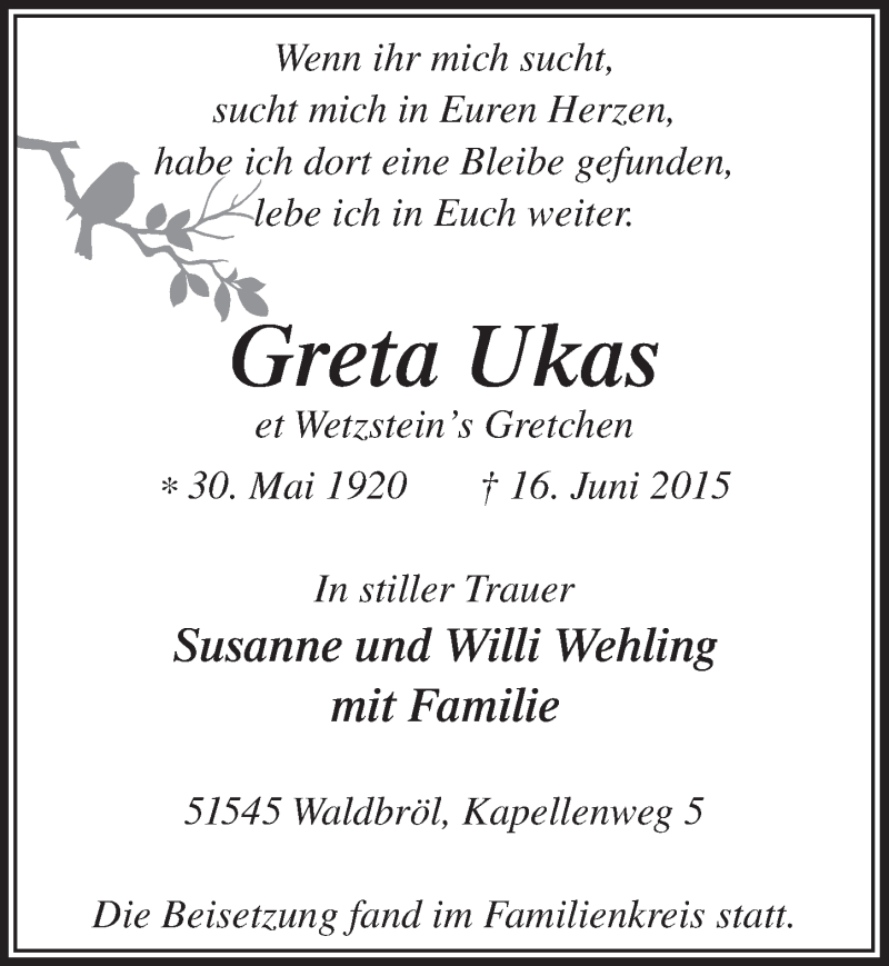  Traueranzeige für Greta Ukas vom 01.07.2015 aus  Lokalanzeiger 