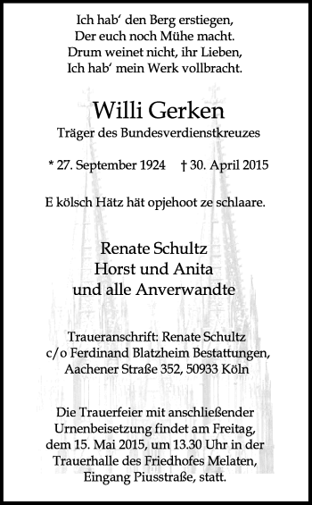 Anzeige von Willi Jakob Gerke von Kölner Stadt-Anzeiger / Kölnische Rundschau / Express