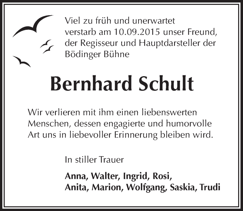  Traueranzeige für Bernhard Schult vom 16.09.2015 aus  Extra Blatt 