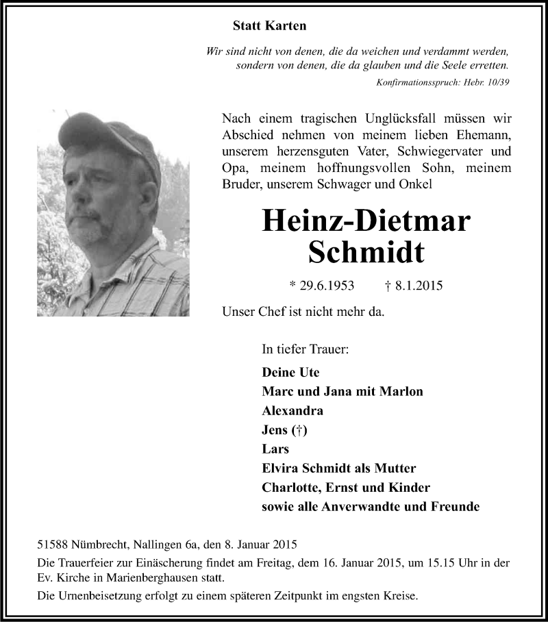  Traueranzeige für Heinz-Dietmar Schmidt vom 14.01.2015 aus Kölner Stadt-Anzeiger / Kölnische Rundschau / Express