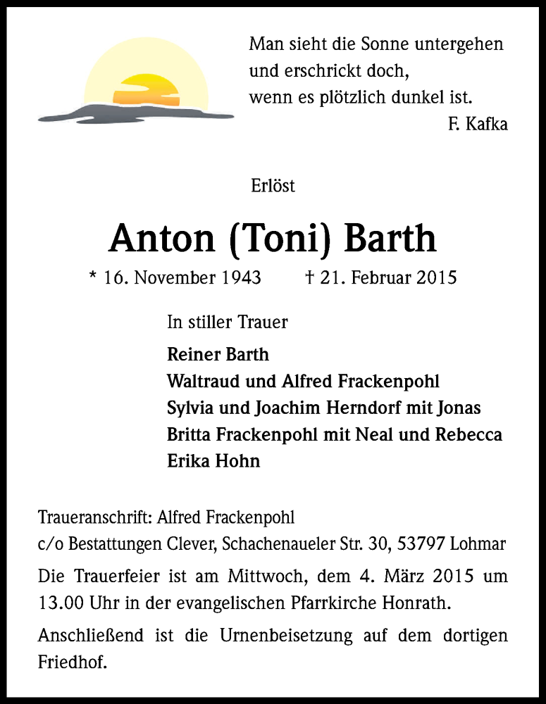  Traueranzeige für Anton Toni Barth vom 28.02.2015 aus Kölner Stadt-Anzeiger / Kölnische Rundschau / Express