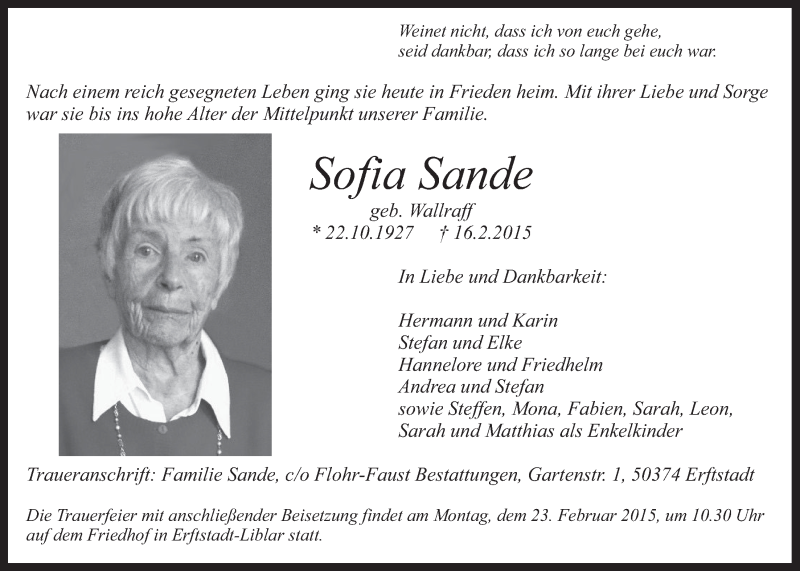  Traueranzeige für Sofia Sande vom 21.02.2015 aus  Sonntags-Post 