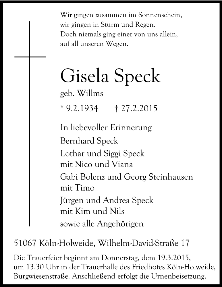  Traueranzeige für Gisela Speck vom 14.03.2015 aus Kölner Stadt-Anzeiger / Kölnische Rundschau / Express