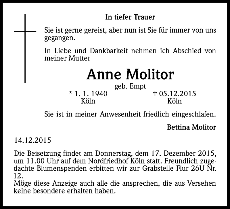 Traueranzeige für Anne Molitor vom 16.12.2015 aus Kölner Stadt-Anzeiger / Kölnische Rundschau / Express