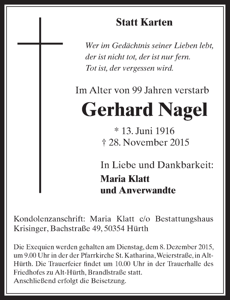  Traueranzeige für Gerhard Nagel vom 05.12.2015 aus  Sonntags-Post 
