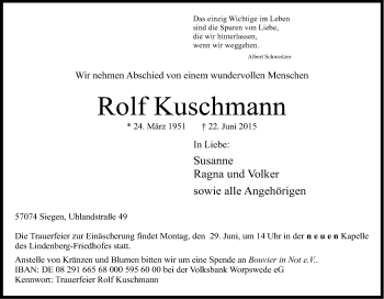 Anzeige von Rolf Kuschmann von Kölner Stadt-Anzeiger / Kölnische Rundschau / Express