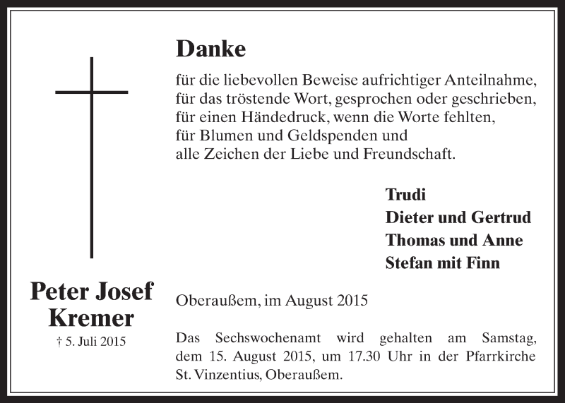  Traueranzeige für Peter Josef Kremer vom 12.08.2015 aus  Werbepost 