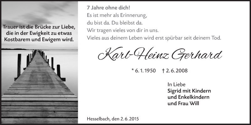  Traueranzeige für Karl-Heinz Gerhard vom 03.06.2015 aus  Anzeigen Echo 