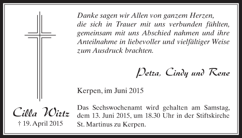  Traueranzeige für Cilla Wirtz vom 10.06.2015 aus  Werbepost 