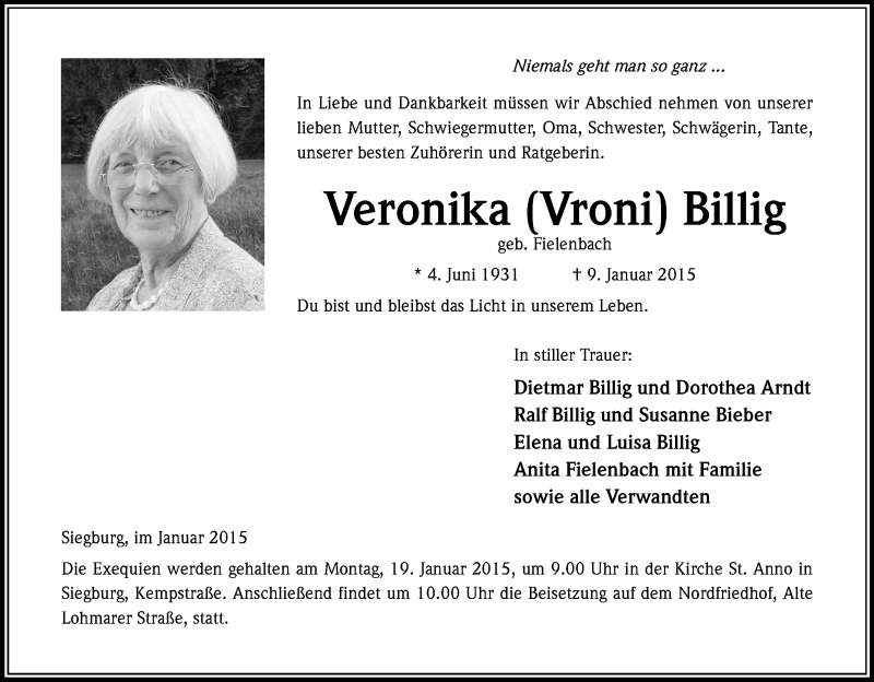  Traueranzeige für Veronika Billig vom 14.01.2015 aus Kölner Stadt-Anzeiger / Kölnische Rundschau / Express