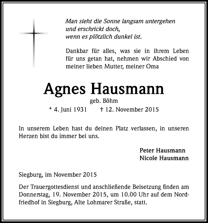  Traueranzeige für Agnes Hausmann vom 17.11.2015 aus Kölner Stadt-Anzeiger / Kölnische Rundschau / Express