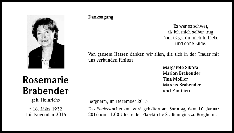  Traueranzeige für Rosemarie Brabender vom 12.12.2015 aus Kölner Stadt-Anzeiger / Kölnische Rundschau / Express