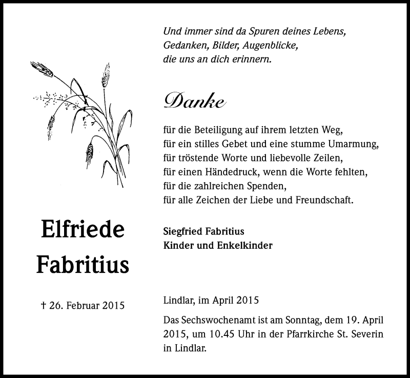  Traueranzeige für Elfriede Fabritius vom 11.04.2015 aus Kölner Stadt-Anzeiger / Kölnische Rundschau / Express