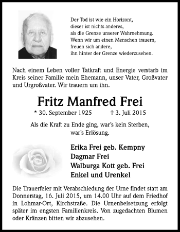 Anzeige von Fritz Manfred Frei von Kölner Stadt-Anzeiger / Kölnische Rundschau / Express
